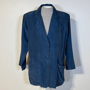 Vintage Silk Blazer Women’s Size Medium Blue Front Pockets Collared Long Sleeve